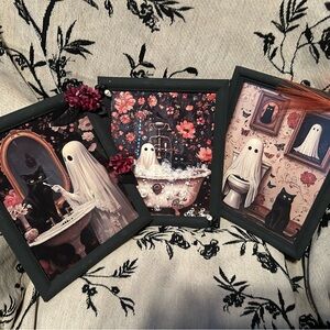 Whimsical Ghost Art Print Trio with Black Frames